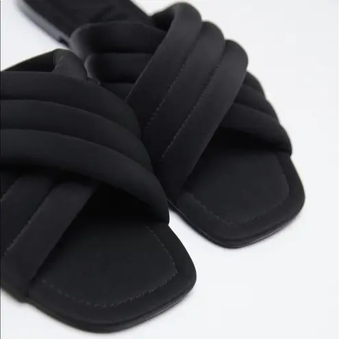 ZARA  FLAT QUILTED SANDALS SLIPPERS SLIP ON SLIDES BLACK 7.5/38 EUC