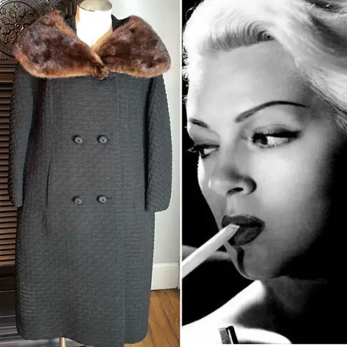 VINTAGE 40s 50s MCM Morris B Sachs Wool Mink Collar Swing Coat XS S Brown