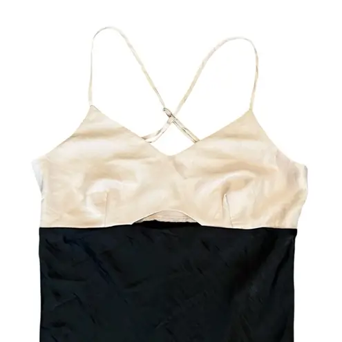 House of Harlow 1960 Women’s Two Toned Keyhole Black Cream Satin Slip Midi Dress Size L