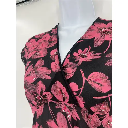 Y2K Sheer Midi Babydoll Dress Floral Sequin Asymmetric Hem Boho Festival Lace Black Size 4