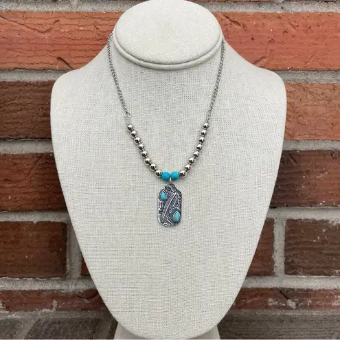 Beaded Feather Dog Tag Necklace with Turquoise Silver