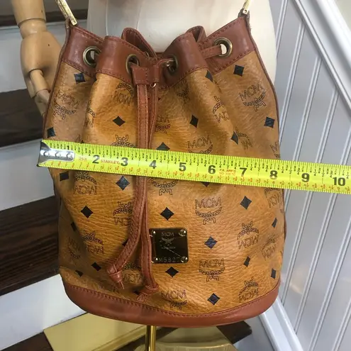 MCM Visetos Cognac Leather Monogram Bucket Tote Crossbody Shoulder Bag Near Mint