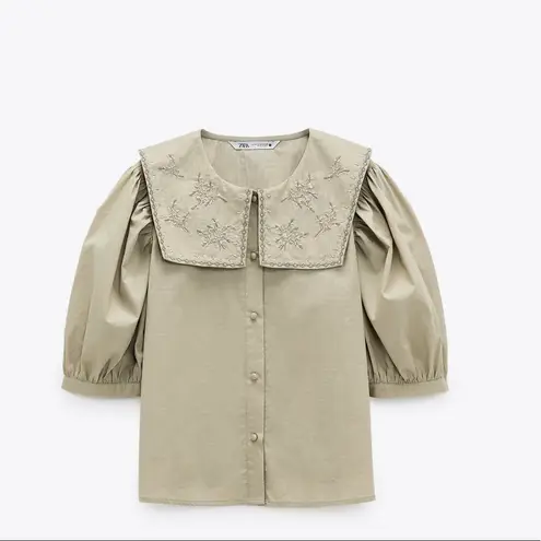 ZARA NWT  EMBROIDERED COLLAR BUTTON UP SHIRT BLOUSE XS