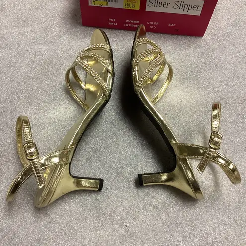 Silver Slipper Belle Gold with Rhinestones 3” High Heels Size 7.5