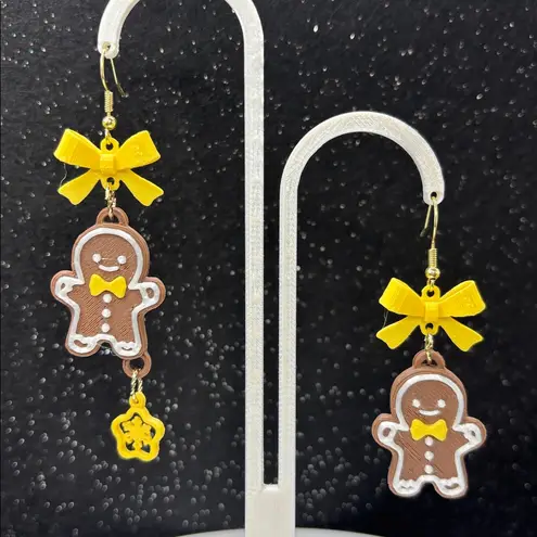 Gingerbread Man Earrings with Yellow Bows & Includes Baking Sheet Display Card ✨ Brown