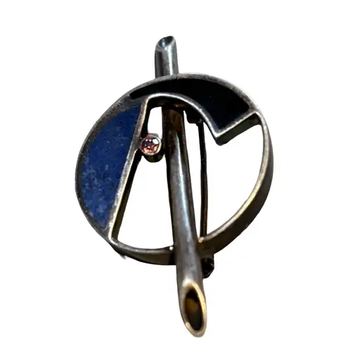 Vintage Abstract Geometric Ruby Blue Lapis Onyx Sterling Silver Brooch