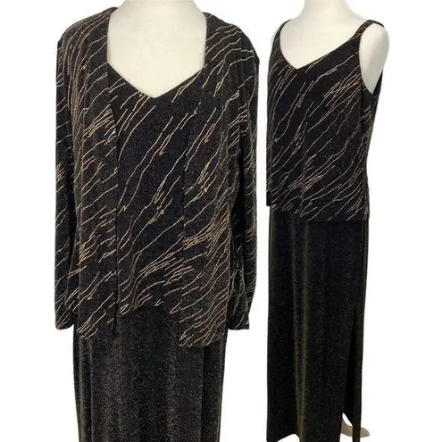 Alex Evenings Vintage Gown & Jacket Set Black Gold Metallic Design Layered 16
