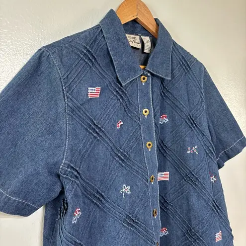 Vintage Koret City Denim Short Sleeve Shirt with Embroidered 4th of July Theme L Blue Size L