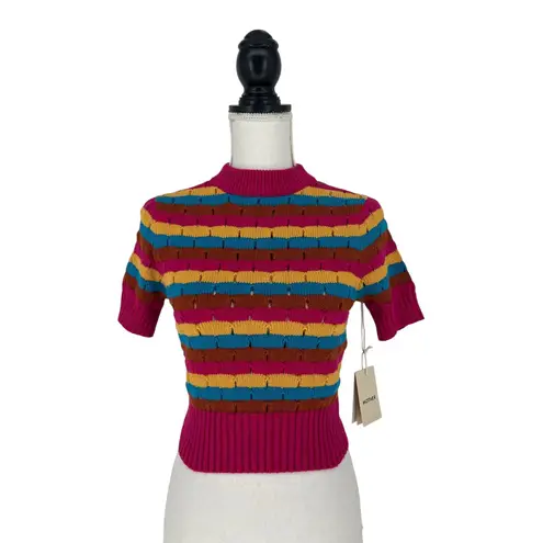 Mother The Mock 10 Laser Beam Striped Short Sleeve Sweater Pink Size XS