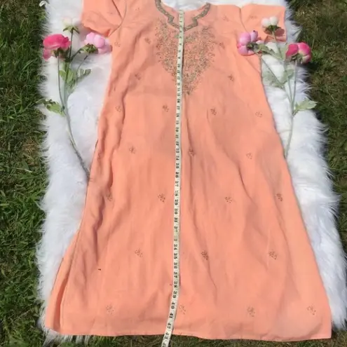 Embroidered Maxi Pink Tunic Long Light Boho Dress Thin Wedding Vintage Summer Size M