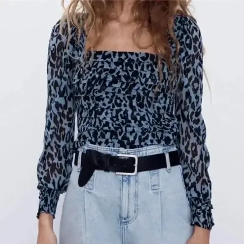 ZARA  Blue Leopard Print Pleated Puff Long Sleeve Square Neck Crop Top Medium