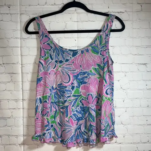 Lilly Pulitzer ✨ Floral Blue Tiger Sunrise Top Ruffle Trim Pink Blue Green Sz S