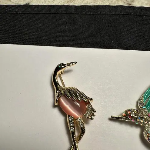 Flamingo , Peacock, Flying Bird Lot Of 3 Rhinestone Gold Tone Brooch Pins