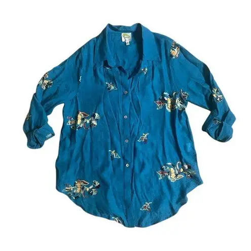 Fig and Flower Anthropologie Boho Floral Teal Shirt Embroidered Roll Tab Blue Size L