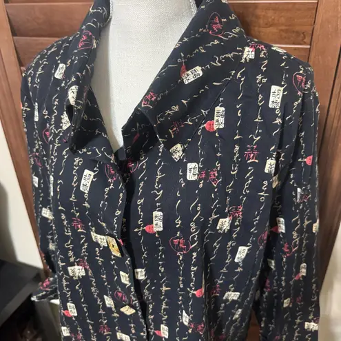 Allie Coosh Shirt Jacket Womens M Black button up Asian lettering Lagenlook Size M