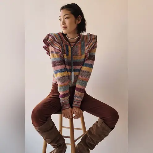 Pilcro x Anthropologie Ruffled Multicolor Rainbow Stripe Pullover Sweater Sz XS