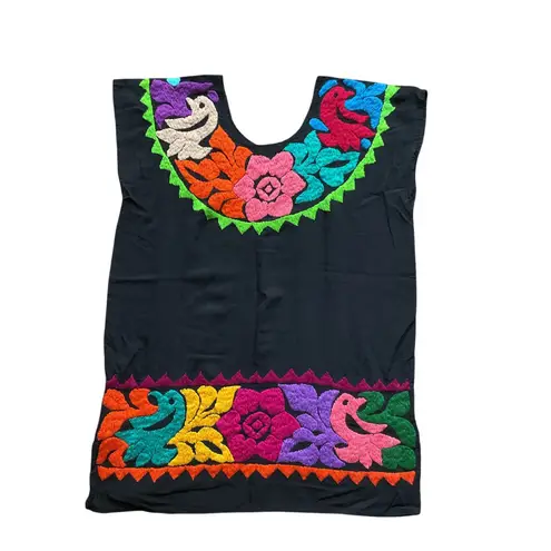 Handmade Mexican Embroidered Black Blouse Tunic Top Birds Flowers Artisan