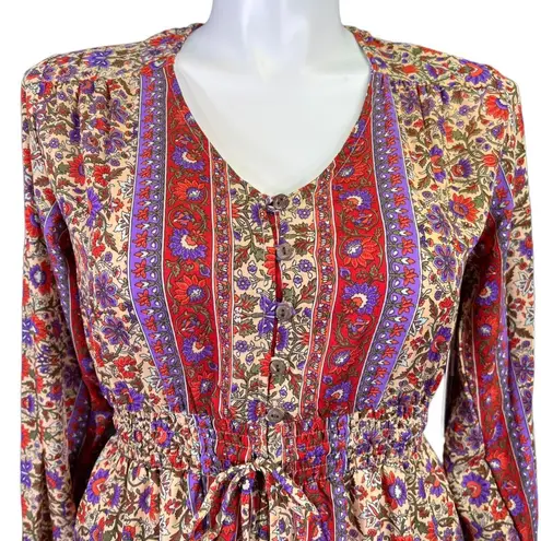 Revolve Boemo Womens Peasant Dress Boho Smocked High Low Button Down Large Red