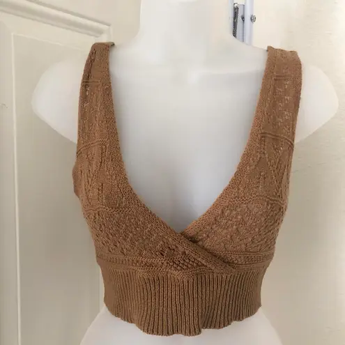 Brown crochet knit crop top sleeveless v halter neck earthy artsy boho hippie Size M