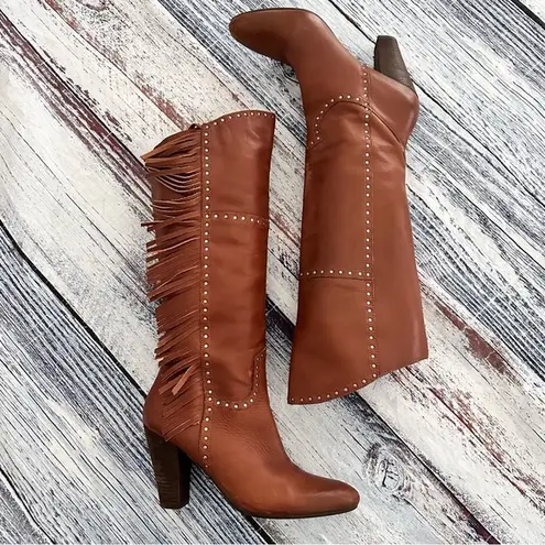 Vintage Nicole Genuine Leather Fringe Tall Heeled Boots Brown Size 8