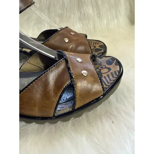 Fly London Leather Ankle Strap Wedge Sandals Studded Brown EU 39 US 8.5
