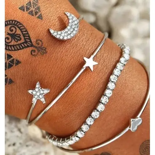 Boutique Silver Bangle Bracelet Set Crystal Star Moon Heart Charm Stackable Jewelry