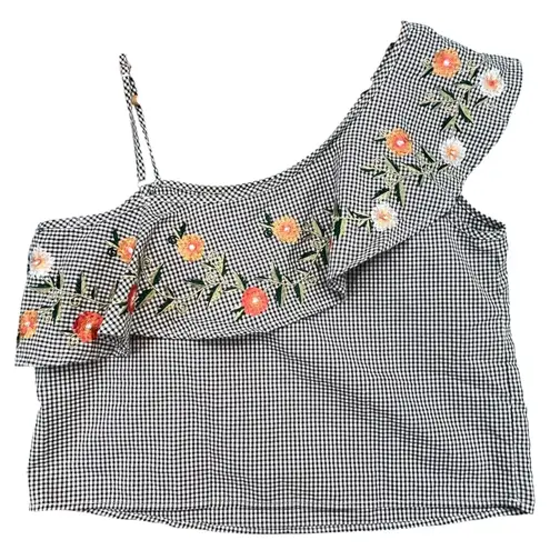 Gingham One Shoulder Top Embroidered Floral Ruffle Black White Summer Large