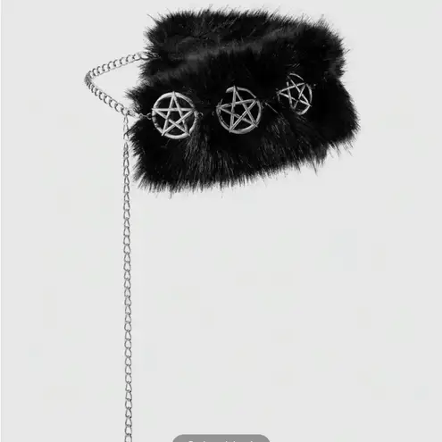 Black Faux Fur Choker with Silver Pentagram Accents