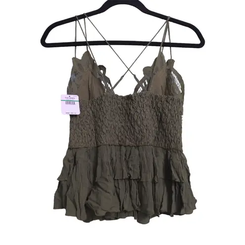 Free People  Adella Cami Crochet Lace Flowy Tiered Crisscross Olive Sparrow L New