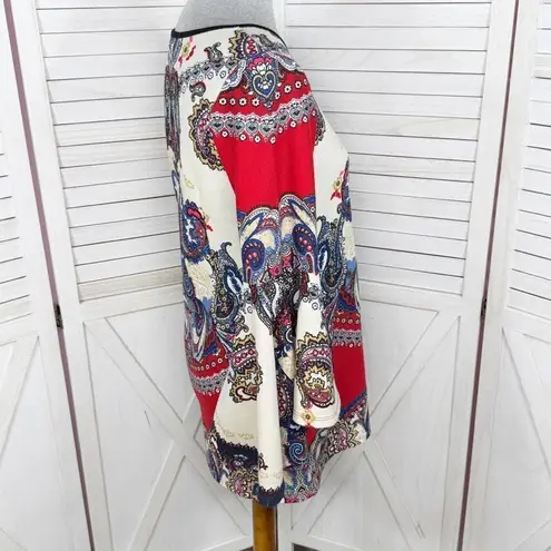 Melissa Paige Paisley Damask Print Bell Sleeve Knit Tunic Top Red Cream Small