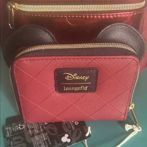 Lounge Fly New Disney Mini Mouse Burgundy Quilted Velvet Bow Mini Bag Wallet Set