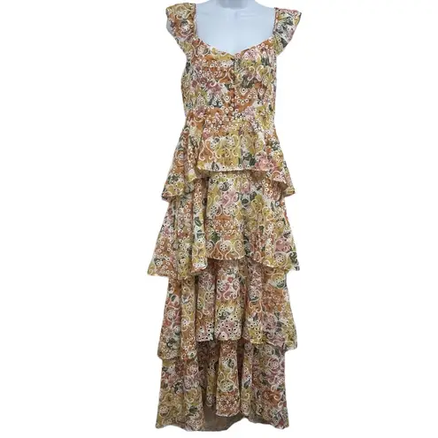 En Saison Presley Midi Dress Tiered Skirt Floral Embroidered M Ruffle Cottage Green Size M