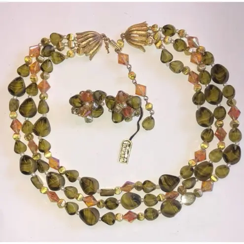 Trifari Jewels by Green & Rainbow Beaded AB Multi Strand Necklace Earrings Set