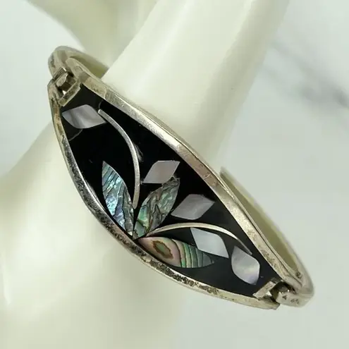 Vintage Silver Tone Abalone Shell Flower Inlay Bangle Child's Bracelet