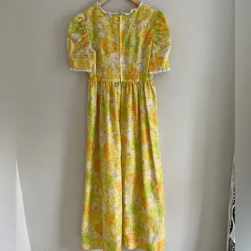 VINTAGE 60s 70s Yellow Floral Prairie Maxi Dress Puff Sleeve Square Neck Daisy S