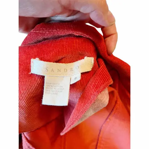 Sandro Corduroy Jacket Blazer Cotton Red Collar Long Sleeve Ruffle Trim Small