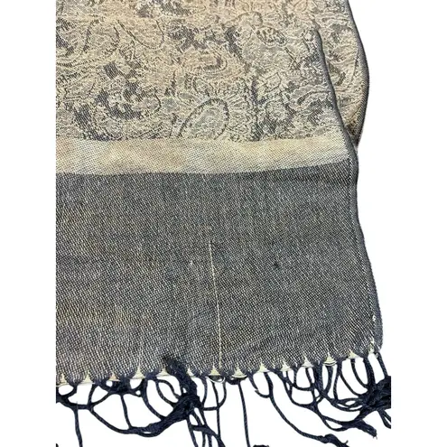 Pashmina Silk Blend Shawl Wrap Scarf Tan Black Paisley Jacquard Fringe Elegant