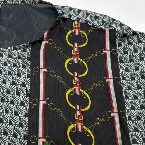 Japanese Brand Silk Blend Chain Print Dress Belted Green Black Short Sleeve XL