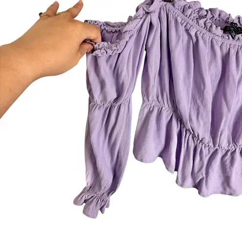 Eloquii Frill Trim Flounce Sleeve Off Shoulder Linen Look Top Purple Size 14