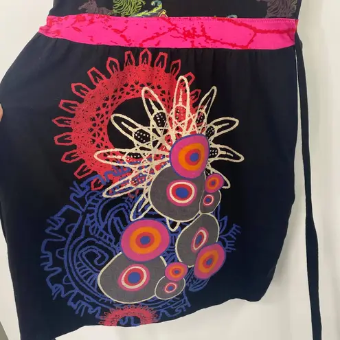 Desigual Printed Geisha Girl Mini Dress V-neck Wrap Belt Tunic Black Pink XS