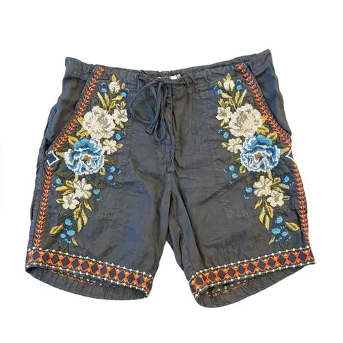 Johnny Was Hira Linen Shorts Gray Floral Embroidered Bohemian Drawstring XS