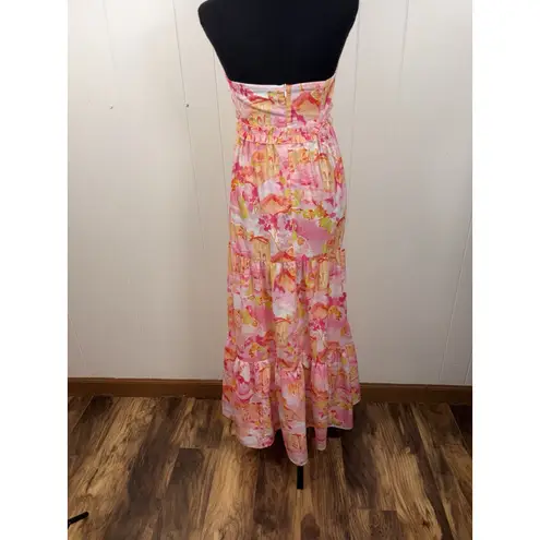 Women's Rnwy Dress Beautiful Strapless Printed Pink Yellow Long Maxi 6 Medium