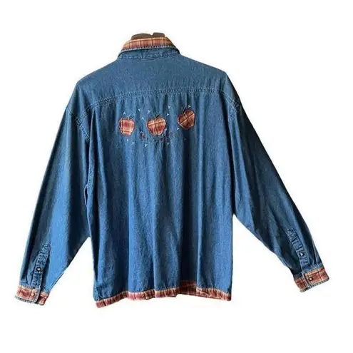 Vintage 90’s Light House Apparel Denim APPLE plaid trim shirt. SIZE XL. Blue