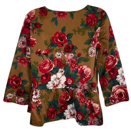 BROOKS BROTHERS Red Fleece Floral Peplum Cotton Blouse 3/4" Sleeves EUC Size 6 Brown