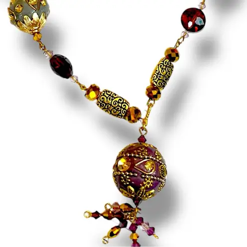 Handmade Women’s Lariat Tassel Necklace Glass Bead Plum Purple Gold 18” Length