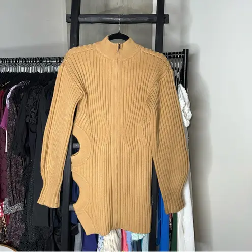 David Koma Camel Side Cutout Ribbed Knit Mini Dress Tan Size M