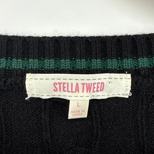 Stella Tweed Cable Knit Boston Pullover Sweater Large Black Green Collegiate MA