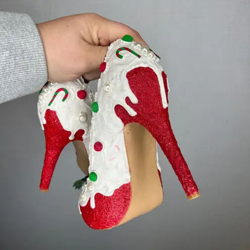 Unique Shuwish Gingerbread Cookie Candy Cane Holiday Heels Women's Shoes US 7 Red