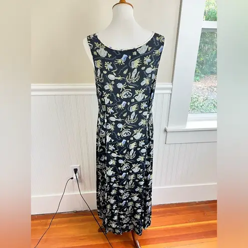 TT Mar Vintage Midi Dress Whimsical Botanical Print Rayon 90s Grunge Grannycore Black Size M