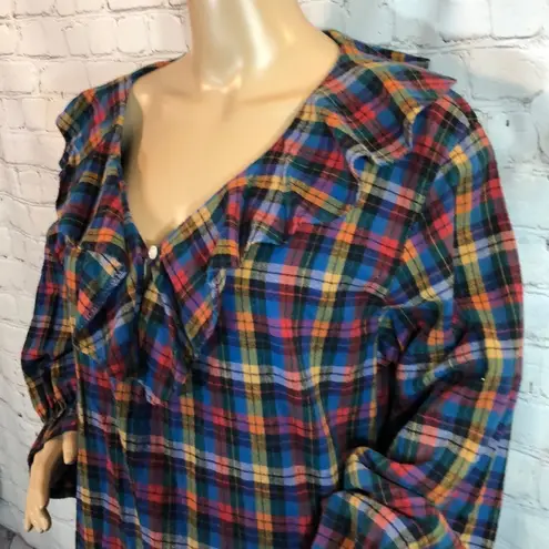 Vintage Trends Ruffled Collar Plaid Flannel Top L Size L